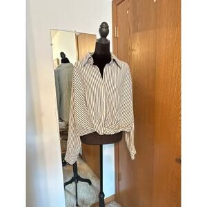 Cider Striped Twist Front Knotted Blouse Black White Collared Button Down XL